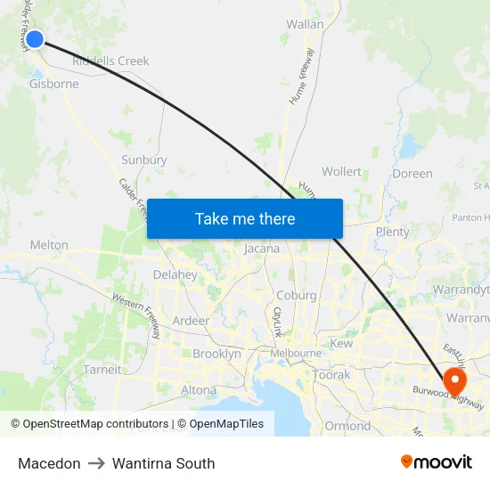 Macedon to Wantirna South map