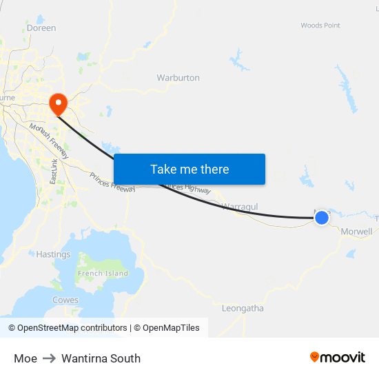 Moe to Wantirna South map