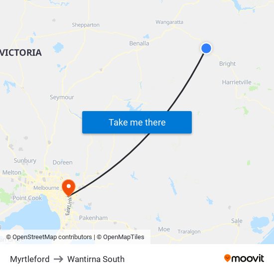Myrtleford to Wantirna South map