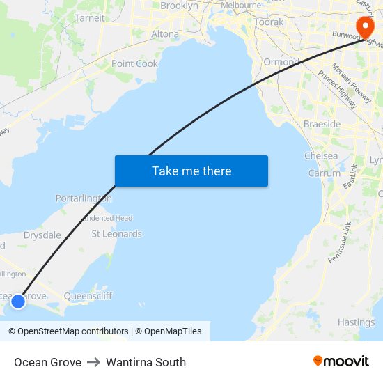 Ocean Grove to Wantirna South map