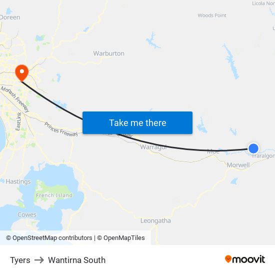 Tyers to Wantirna South map