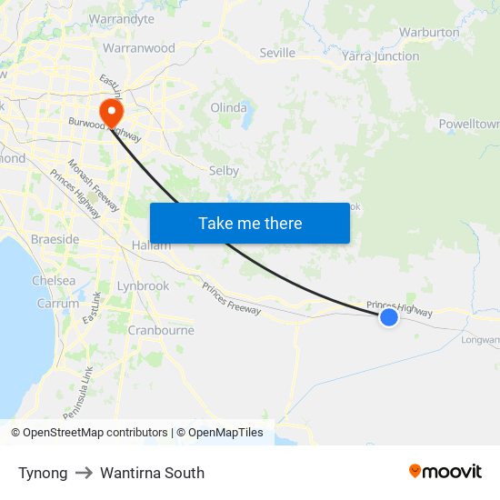 Tynong to Wantirna South map