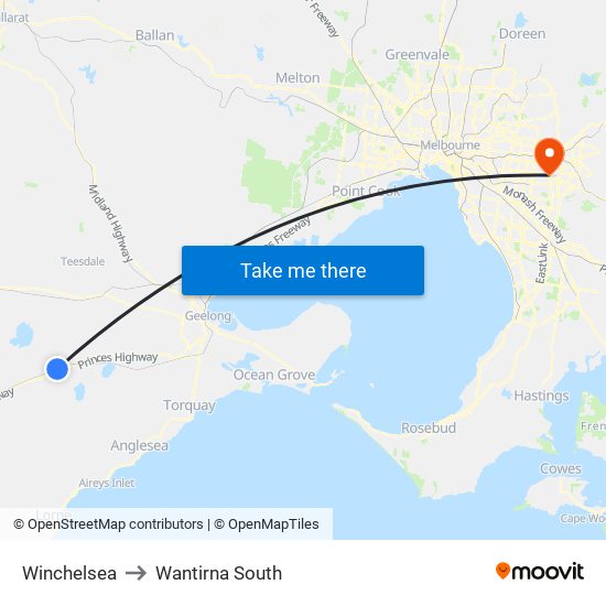 Winchelsea to Wantirna South map