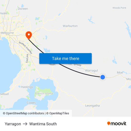 Yarragon to Wantirna South map