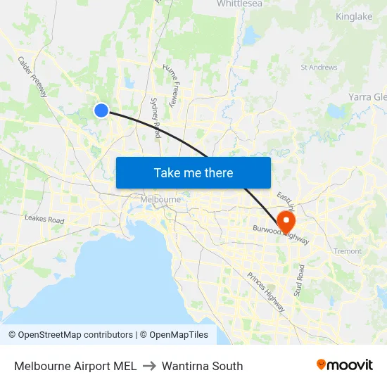 Melbourne Airport MEL to Wantirna South map