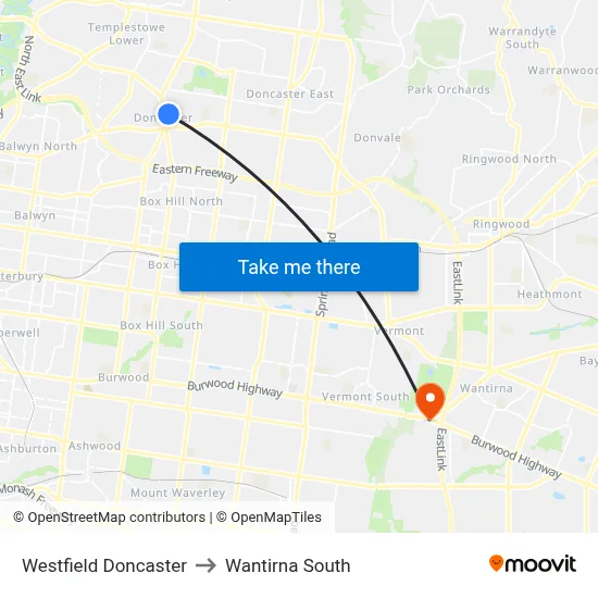 Westfield Doncaster to Wantirna South map