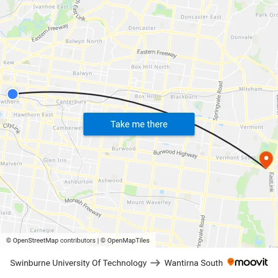 Swinburne University Of Technology to Wantirna South map