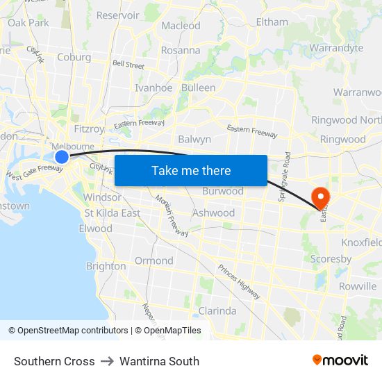 Southern Cross to Wantirna South map