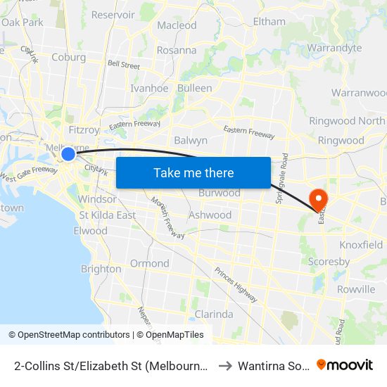 2-Collins St/Elizabeth St (Melbourne City) to Wantirna South map