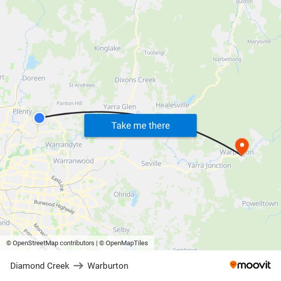 Diamond Creek to Warburton map