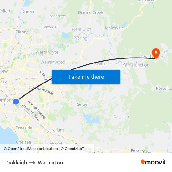 Oakleigh to Warburton map