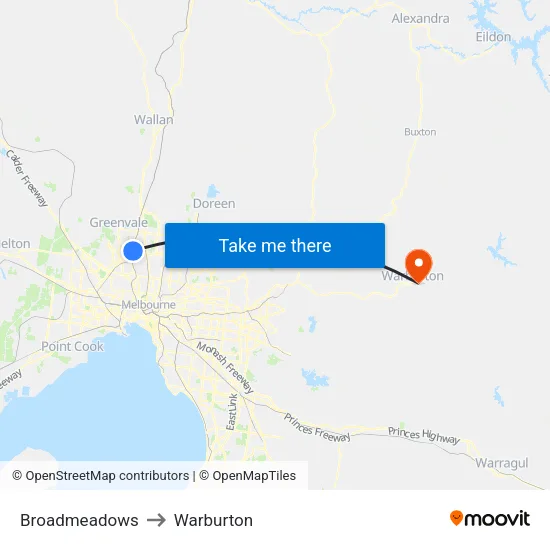 Broadmeadows to Warburton map