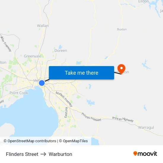 Flinders Street to Warburton map
