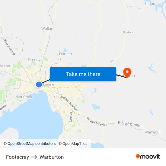 Footscray to Warburton map