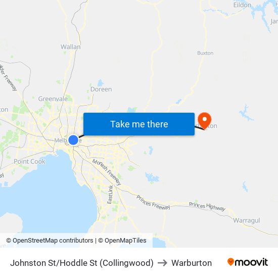 Johnston St/Hoddle St (Collingwood) to Warburton map