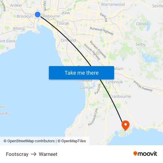 Footscray to Warneet map