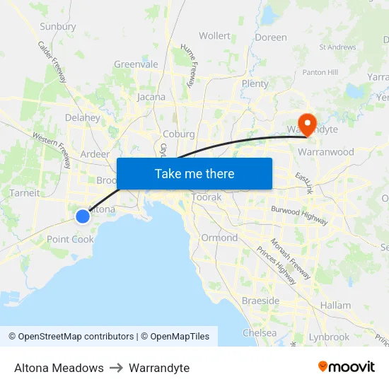 Altona Meadows to Warrandyte map