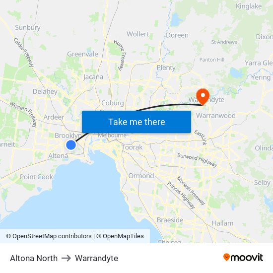 Altona North to Warrandyte map