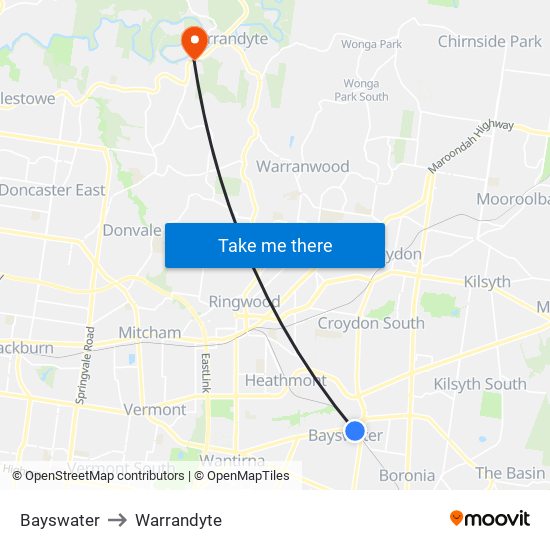 Bayswater to Warrandyte map