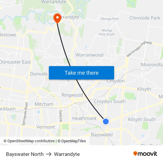 Bayswater North to Warrandyte map