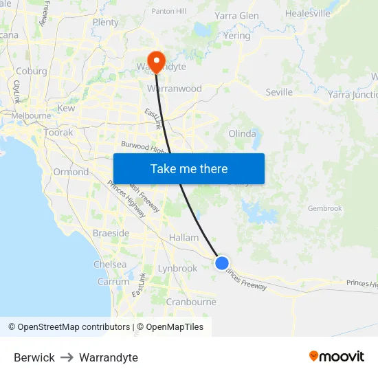 Berwick to Warrandyte map