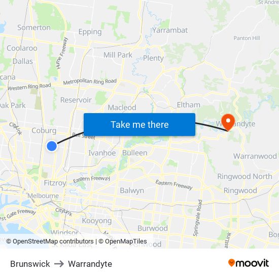 Brunswick to Warrandyte map