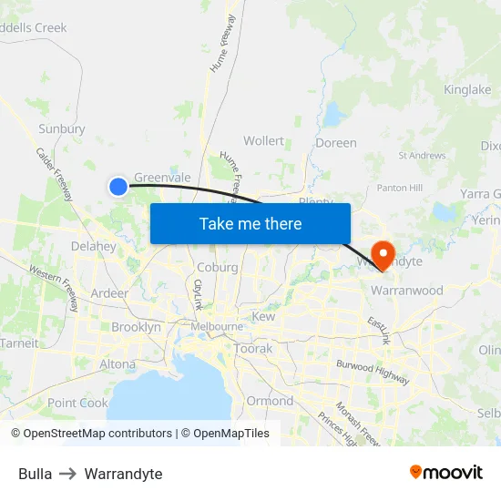 Bulla to Warrandyte map