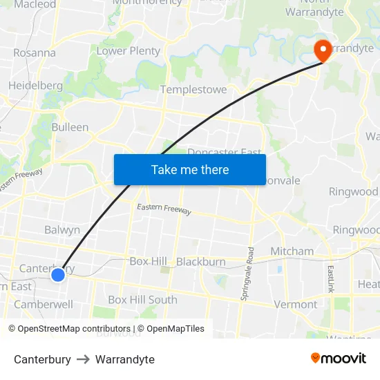 Canterbury to Warrandyte map