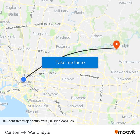 Carlton to Warrandyte map