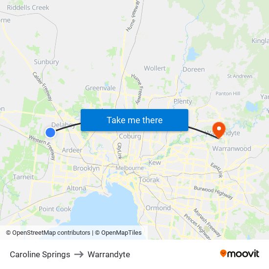 Caroline Springs to Warrandyte map