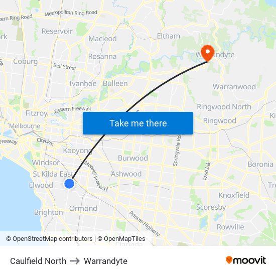 Caulfield North to Warrandyte map