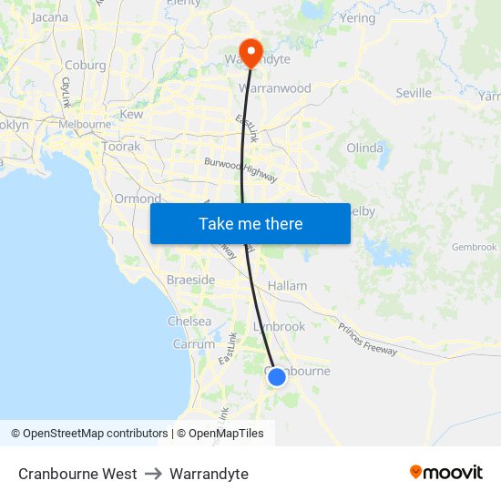 Cranbourne West to Warrandyte map