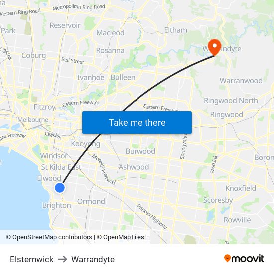 Elsternwick to Warrandyte map