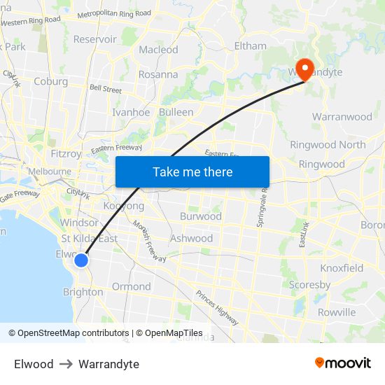 Elwood to Warrandyte map