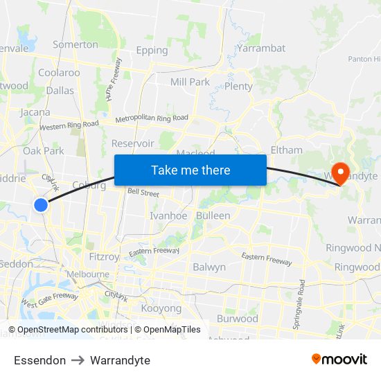 Essendon to Warrandyte map