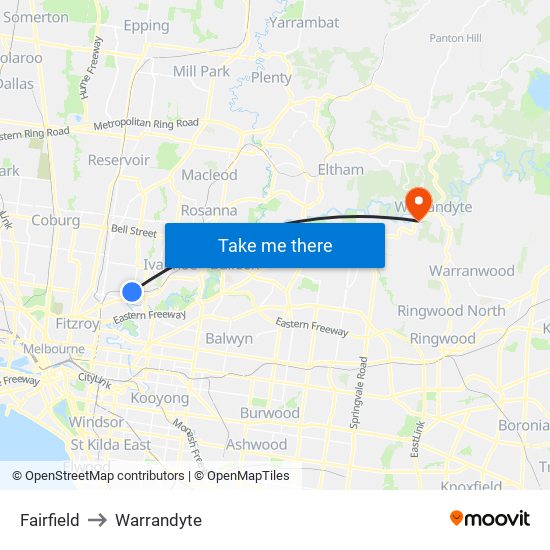 Fairfield to Warrandyte map