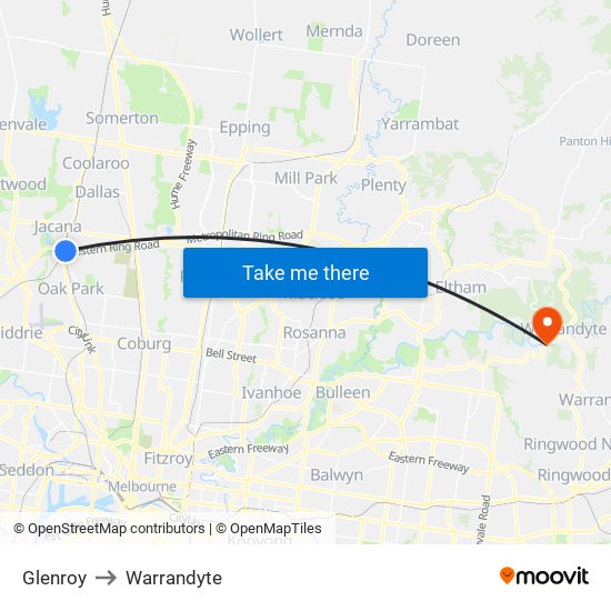 Glenroy to Warrandyte map
