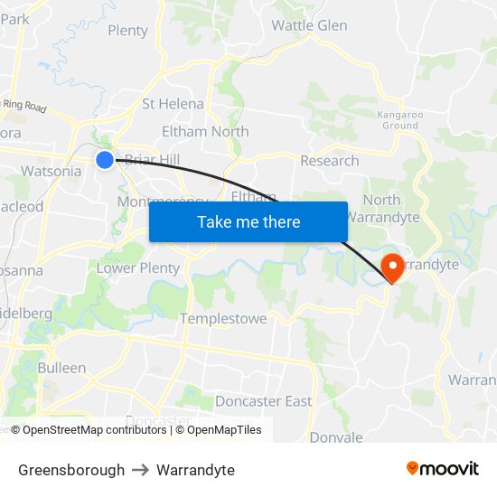 Greensborough to Warrandyte map