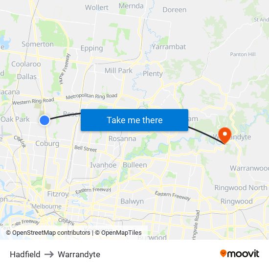 Hadfield to Warrandyte map