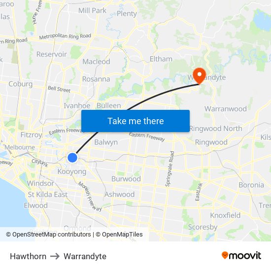 Hawthorn to Warrandyte map