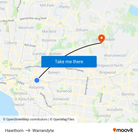 Hawthorn to Warrandyte map