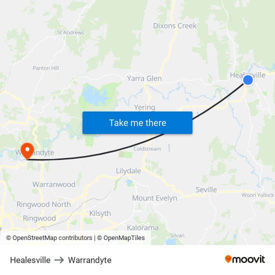 Healesville to Warrandyte map