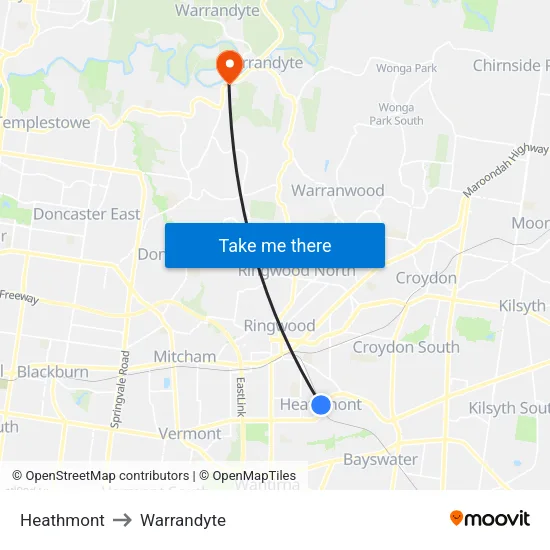 Heathmont to Warrandyte map