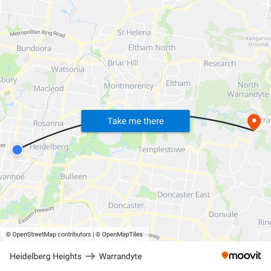 Heidelberg Heights to Warrandyte map