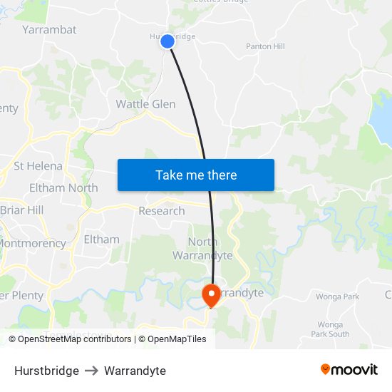 Hurstbridge to Warrandyte map