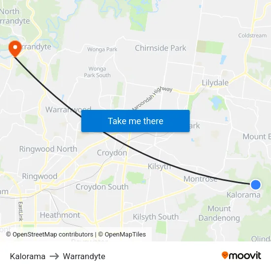 Kalorama to Warrandyte map
