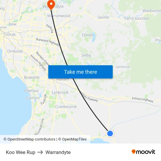 Koo Wee Rup to Warrandyte map