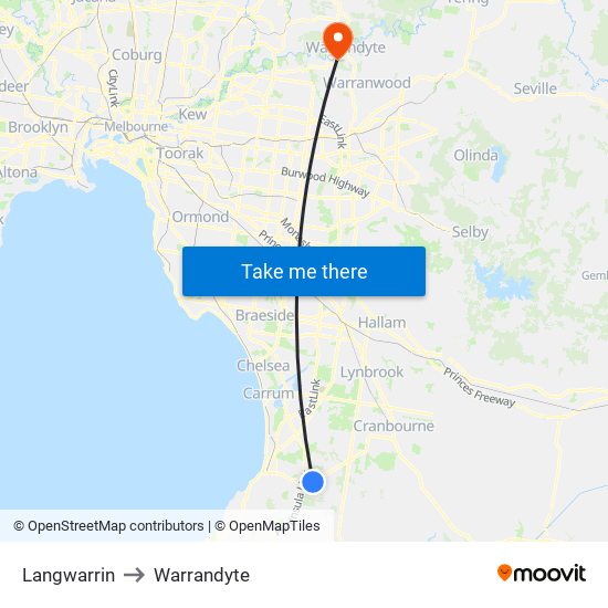 Langwarrin to Warrandyte map