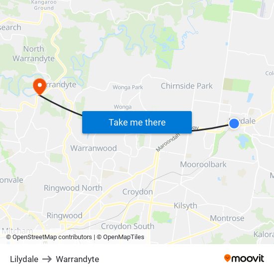 Lilydale to Warrandyte map