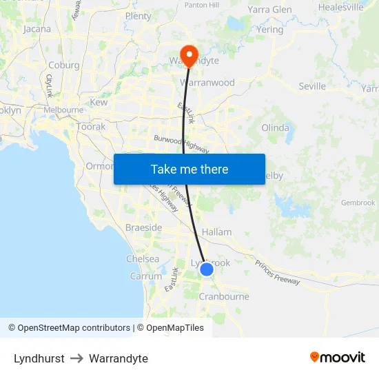 Lyndhurst to Warrandyte map